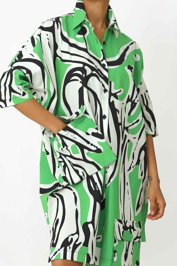 Patterned Loose Shirt Dress - Green - 5