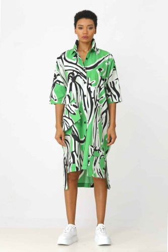 Patterned Loose Shirt Dress - Green - 1