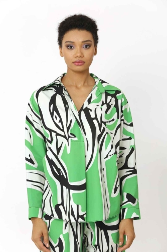 Patterned Polo Neck Blouse - Green - 1