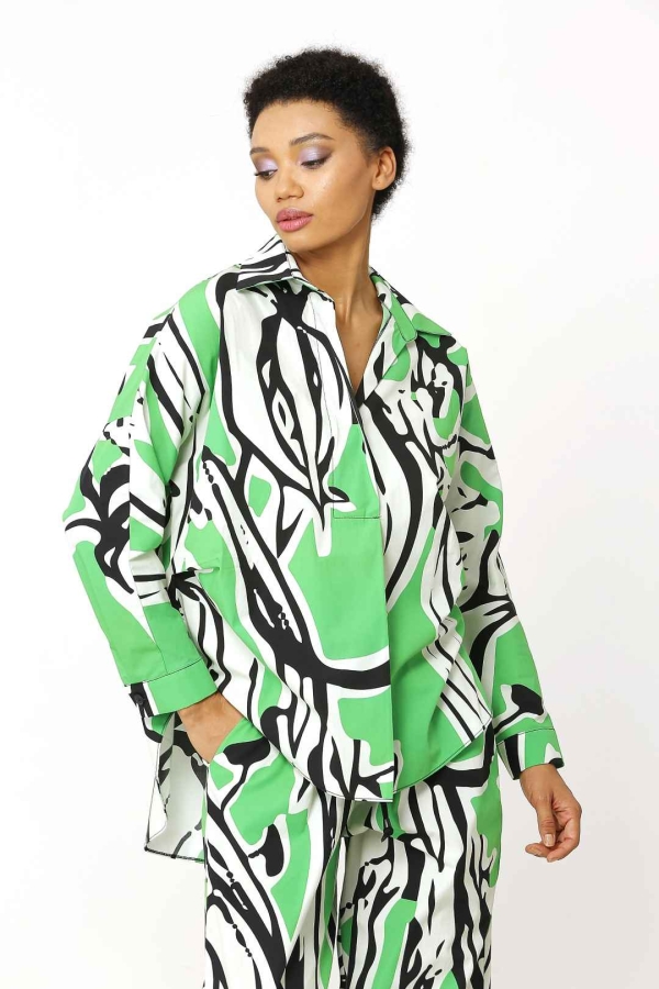 Patterned Polo Neck Blouse - Green - 2