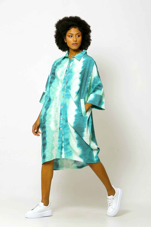 Patterned Shirt Dress - Green - 2