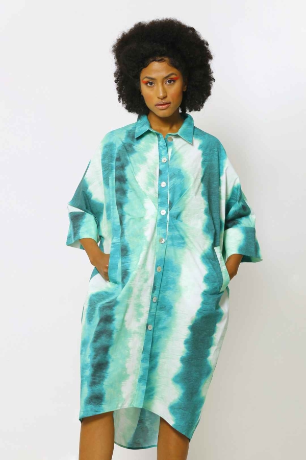 Patterned Shirt Dress - Green - 1