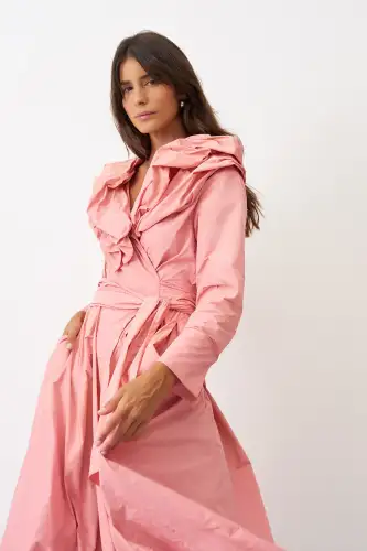 Pembe Çift Yakalı Uzun Kollu Kemerli Dia Elbise - 5