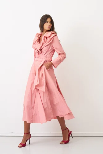 Pembe Çift Yakalı Uzun Kollu Kemerli Dia Elbise - BIZE (1)