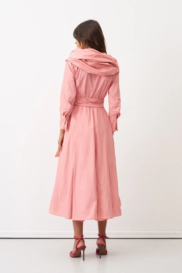 Pembe Çift Yakalı Uzun Kollu Kemerli Dia Elbise - 6