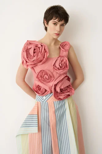 Pembe Güllü Kolsuz Kısa Bluz Pori - 3