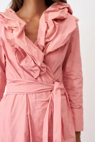 Pembe Kahverengi Çift Yakalı Uzun Kollu Kemerli Dia Elbise - 1