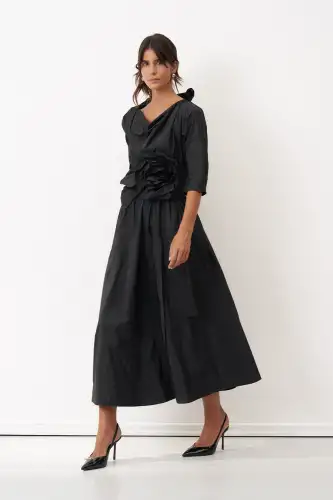 Petalas Kemerli Elbise - Siyah - BIZE (1)