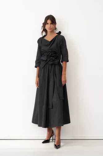 Petalas Kemerli Elbise - Siyah - 1