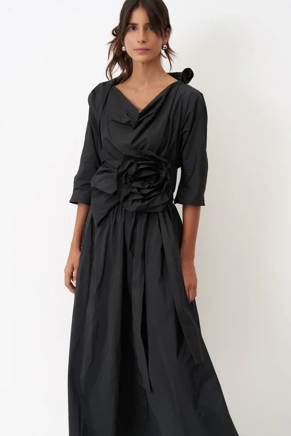 Petalas Kemerli Elbise - Siyah - 4