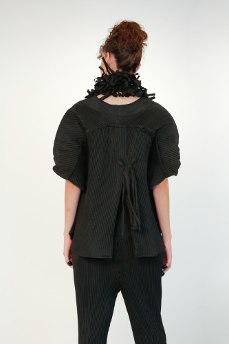 Pleated Net Collar Blouse - Black - 5
