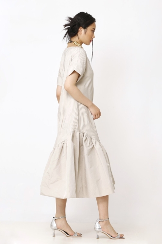 Pleated Patterned Dress - Beige - 4