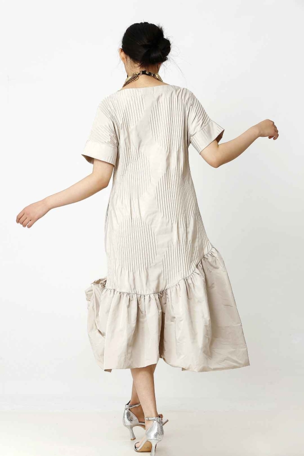 Pleated Patterned Dress - Beige - 5