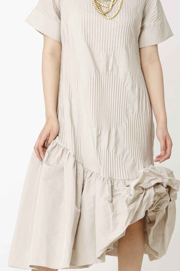 Pleated Patterned Dress - Beige - 6