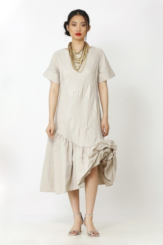 Pleated Patterned Dress - Beige 