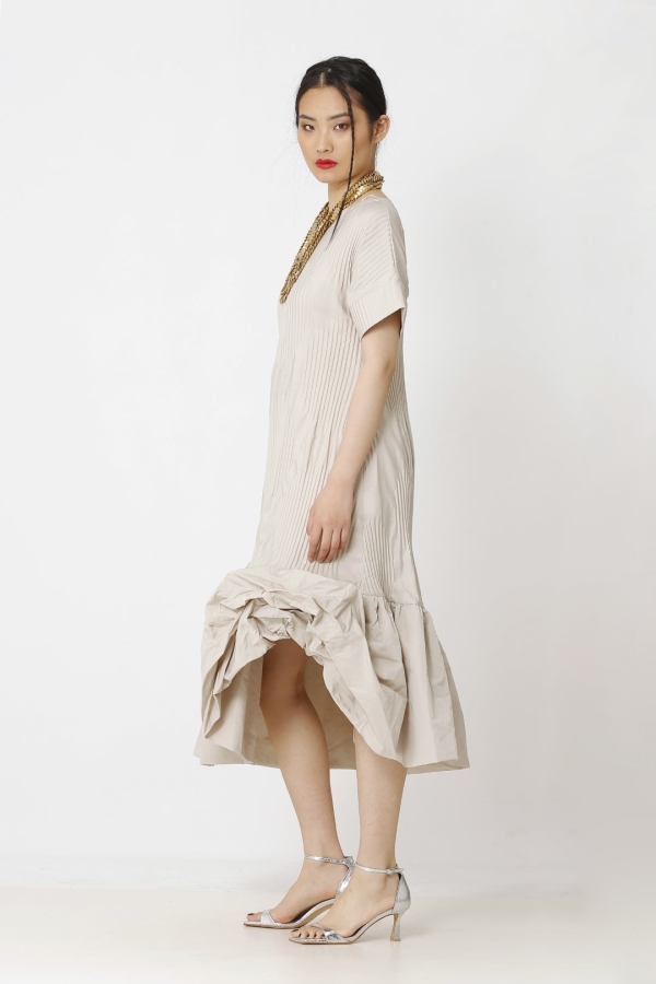 Pleated Patterned Dress - Beige - 2