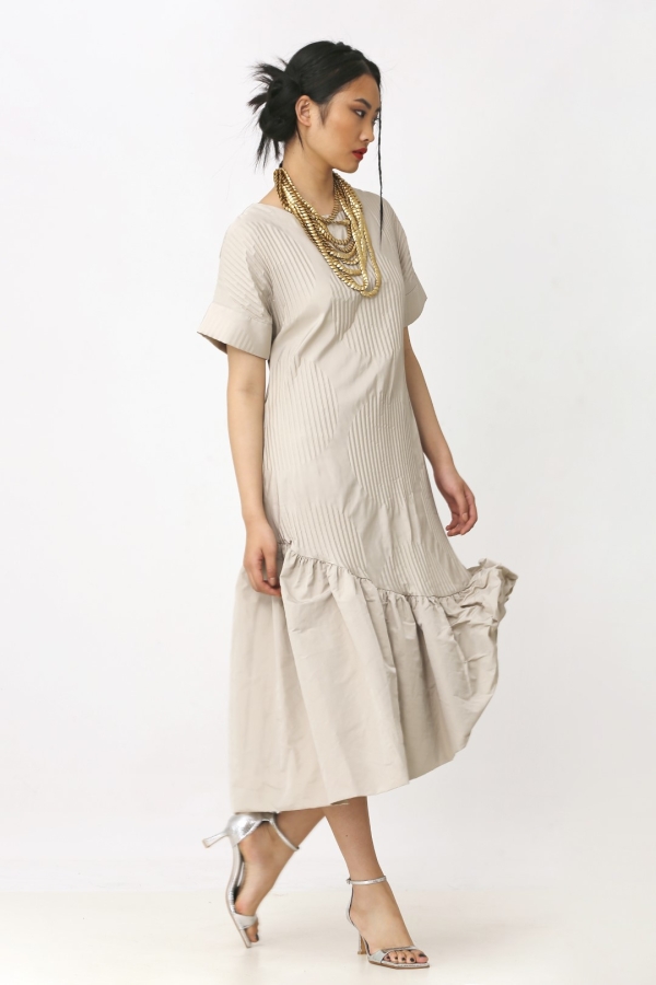 Pleated Patterned Dress - Beige - 3