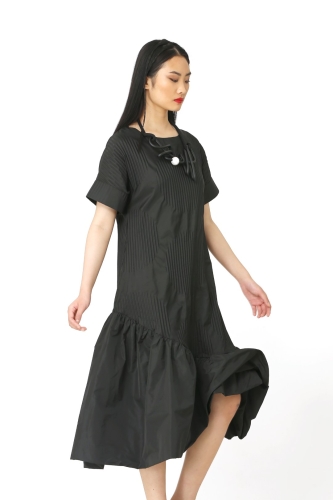 فستان منقوش بثنيات - أسود - 3