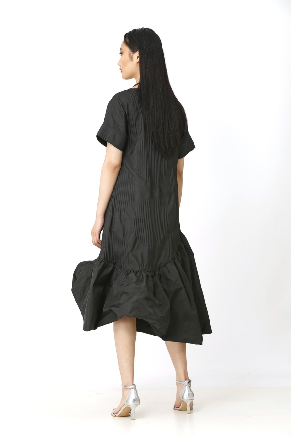 فستان منقوش بثنيات - أسود - 4