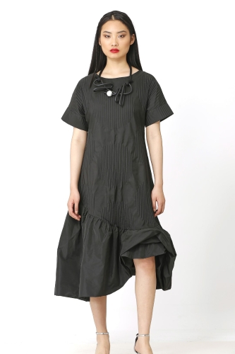 Pleated Patterned Dress - Black 