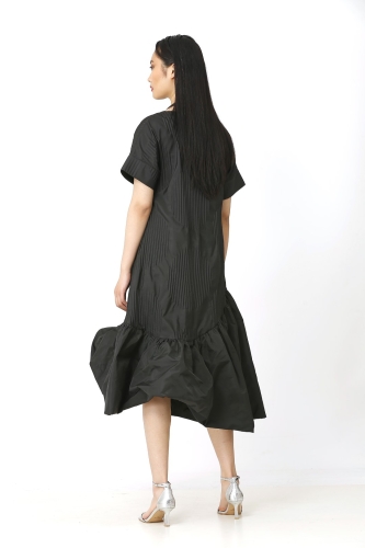 Pleated Patterned Dress - Black - 4