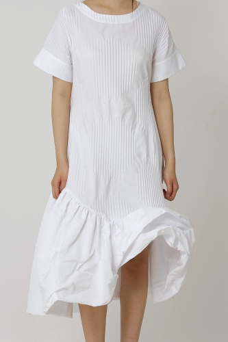 Pleated Patterned Dress - White - 4