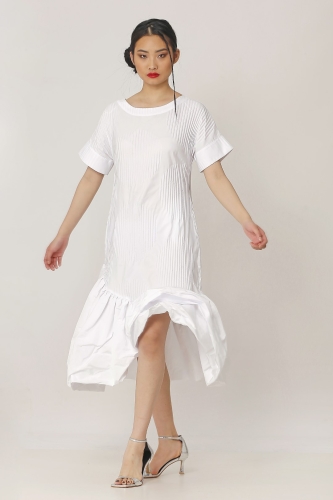 Pleated Patterned Dress - White 