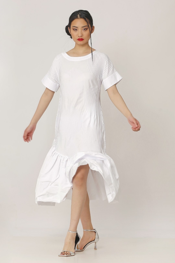 Pleated Patterned Dress - White - 1