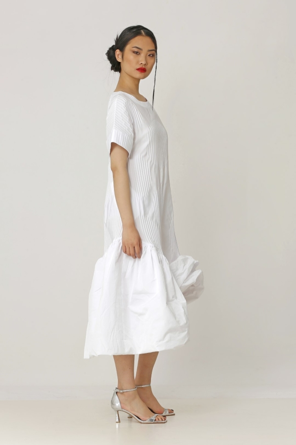 Pleated Patterned Dress - White - 2