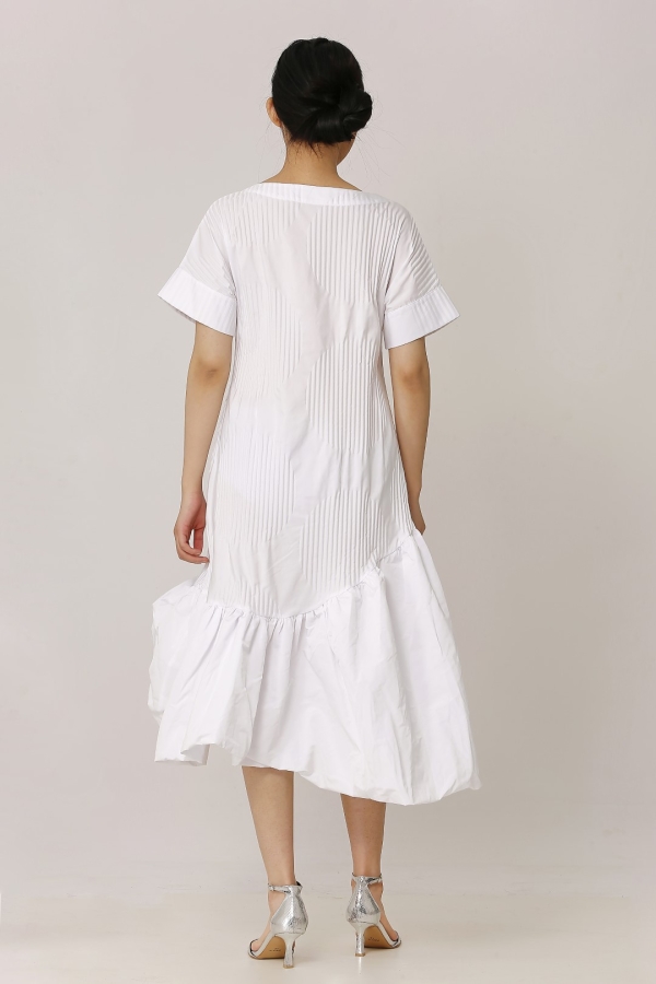 Pleated Patterned Dress - White - 3