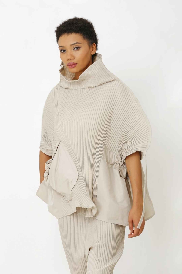 Pleated Poncho Blouse - Beige - 2