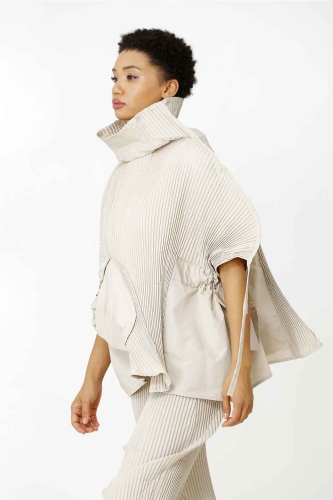 Pleated Poncho Blouse - Beige - 3