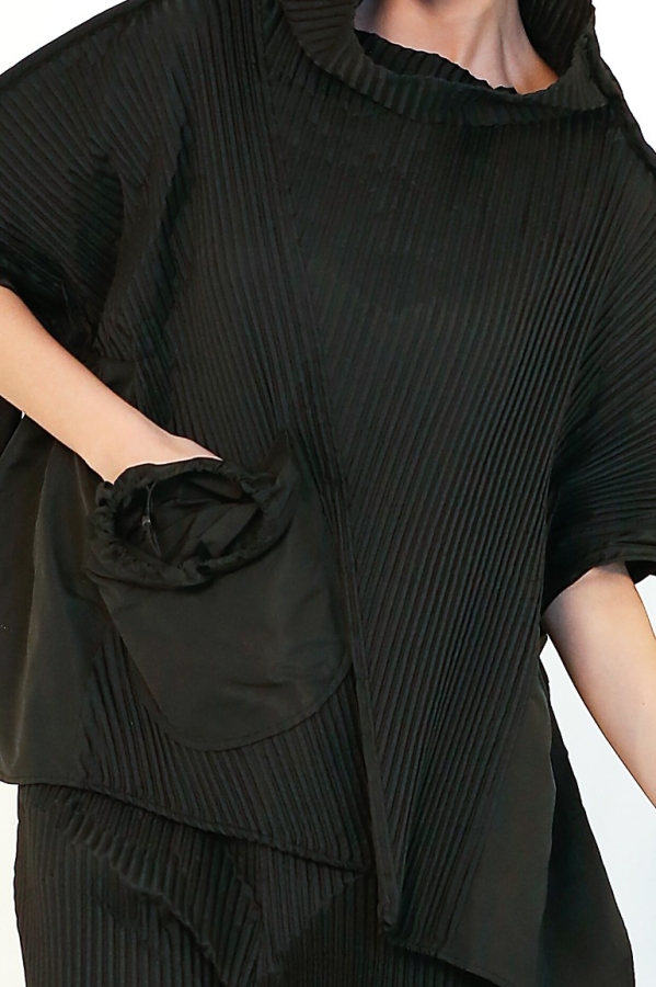 Pleated Poncho Blouse - Black - 5