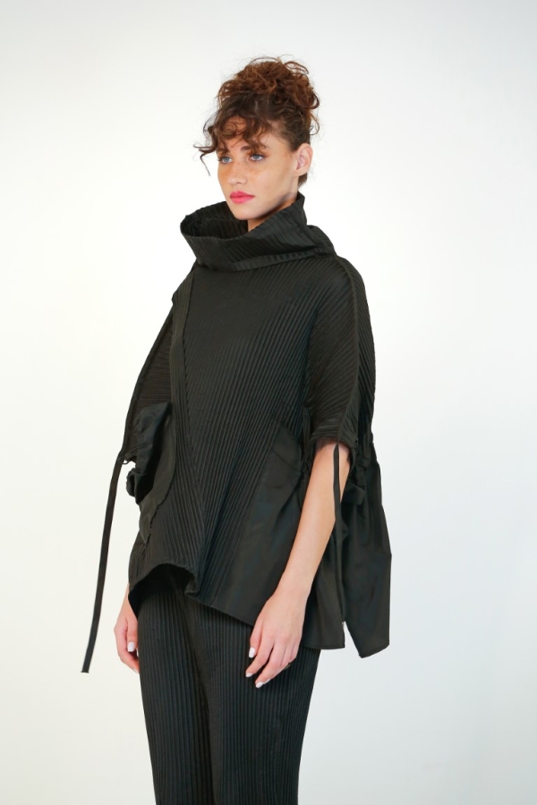Pleated Poncho Blouse - Black - 3