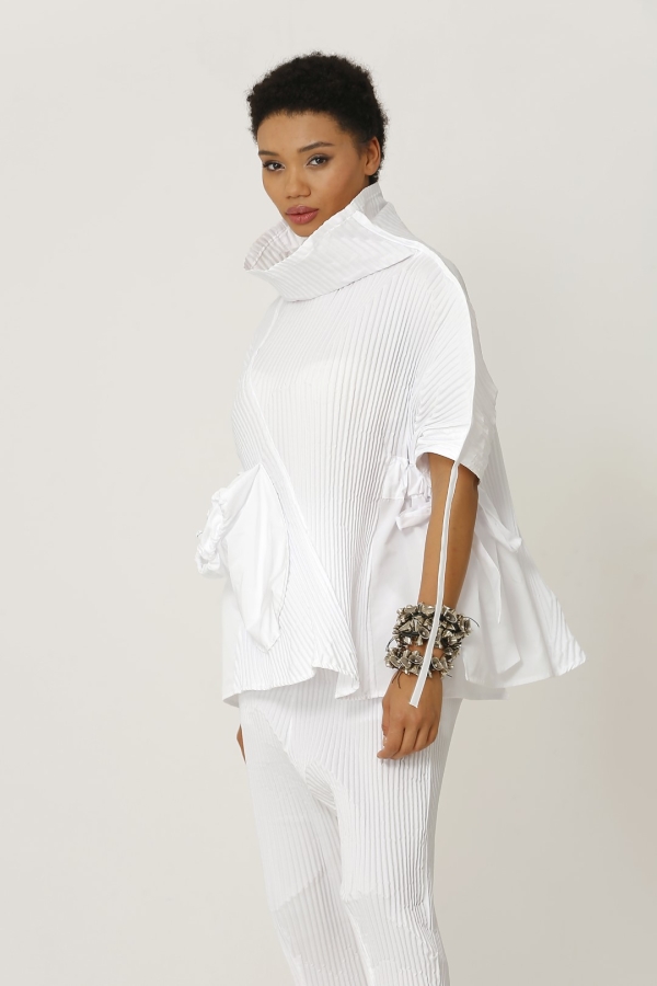 Pleated Poncho Blouse - White - 3