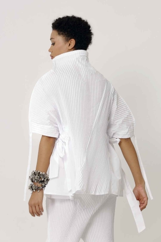 Pleated Poncho Blouse - White - 4
