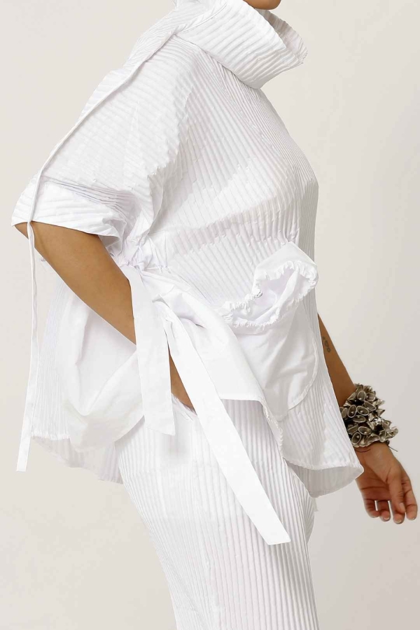 Pleated Poncho Blouse - White - 5