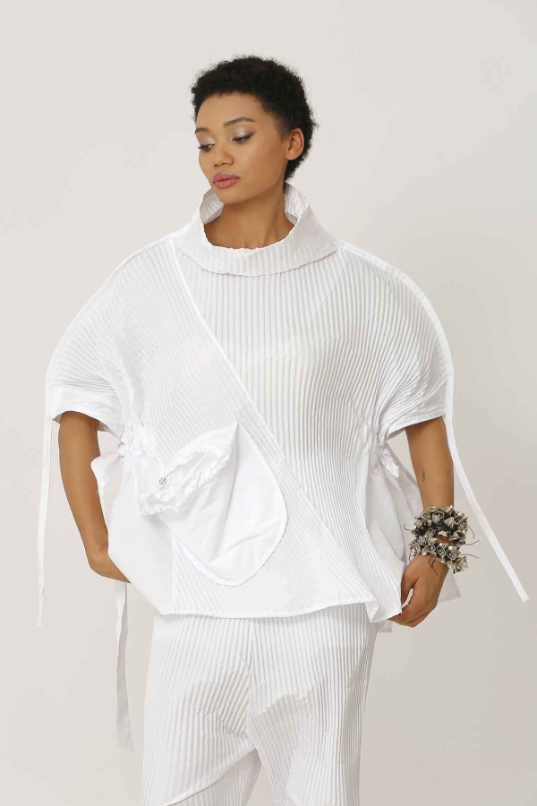 Pleated Poncho Blouse - White - 2