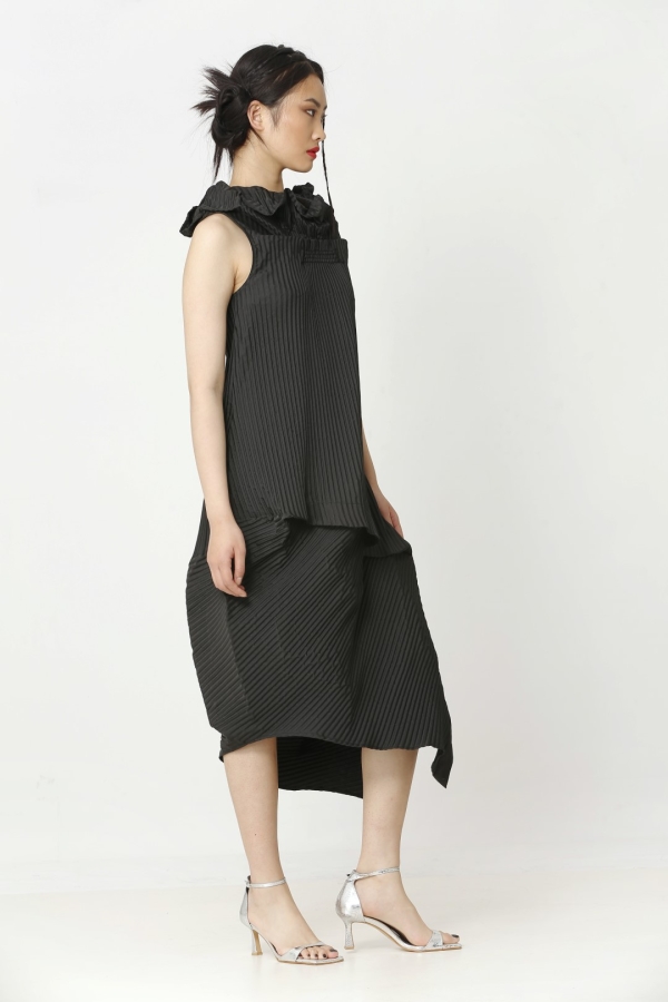 فستان بياقة سلكية مطوية بلا أكمام بدون أكمام - أسود - 2