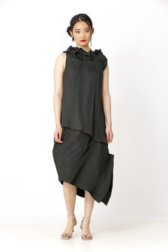 Pleated Sleeveless Collar Dress - Black - 1