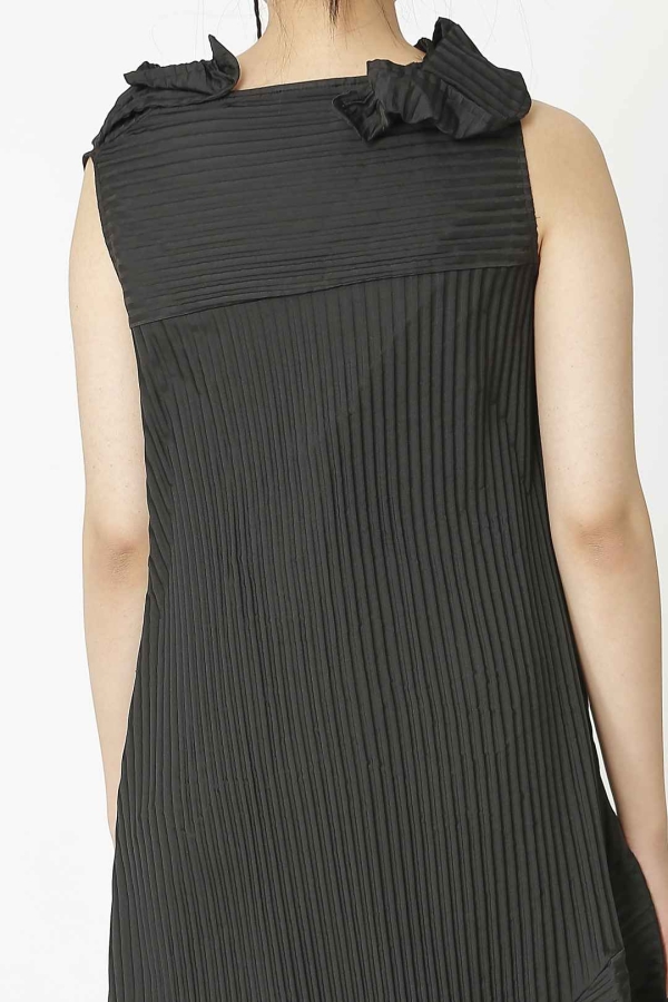 Pleated Sleeveless Collar Dress - Black - 5