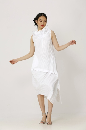 Pleated Sleeveless Collar Dress - White 