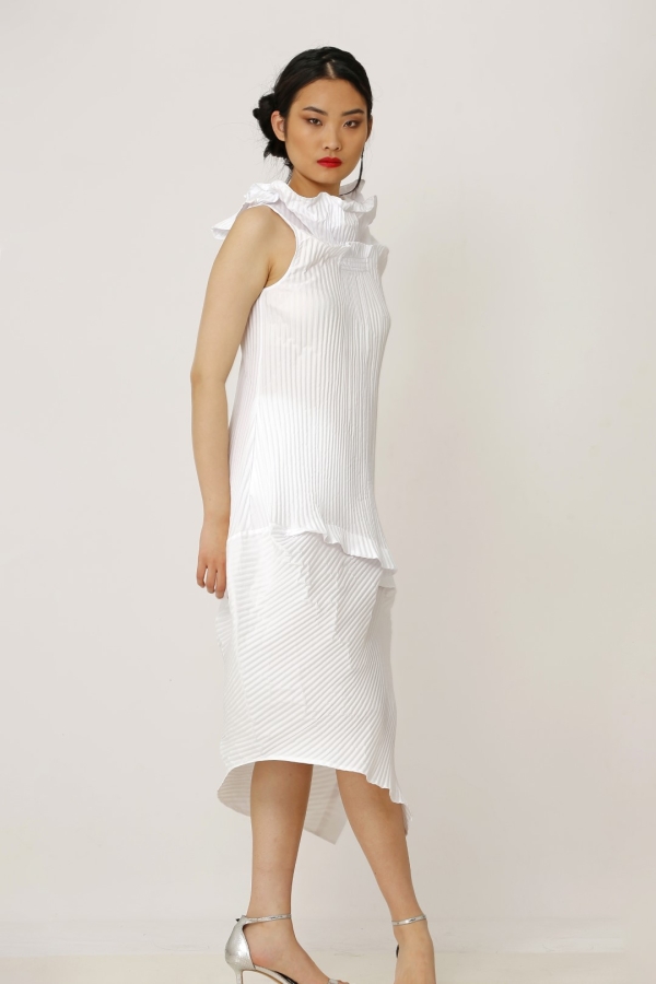 Pleated Sleeveless Collar Dress - White - 2