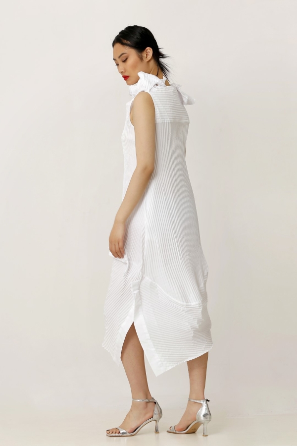 Pleated Sleeveless Collar Dress - White - 3