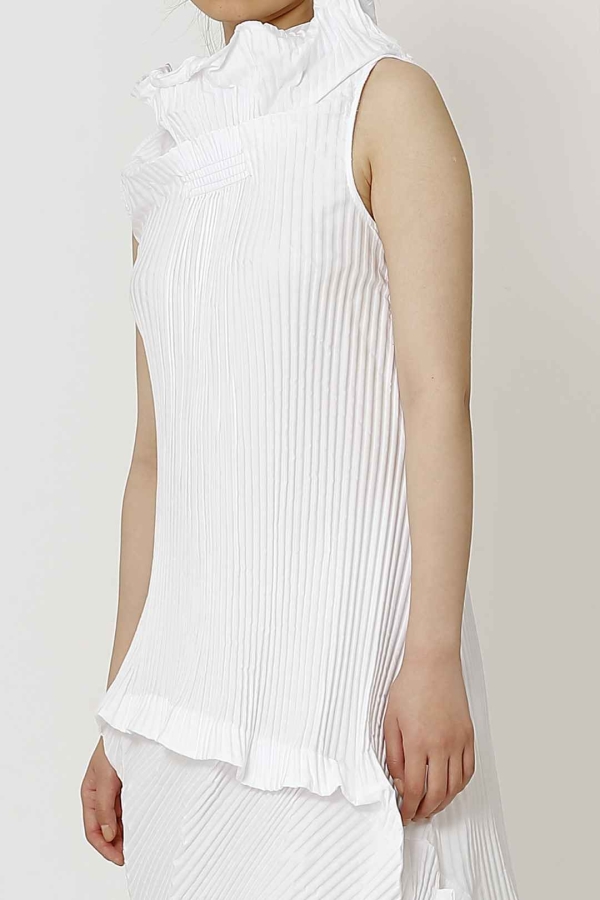 Pleated Sleeveless Collar Dress - White - 5