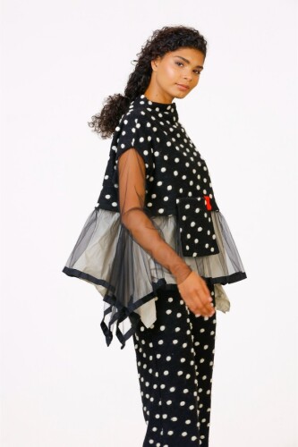 Polka Dot Front Pocket Blouse - Black - 3