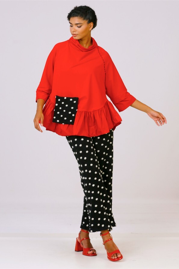 Polka Dot Pocket Blouse - Red - 1