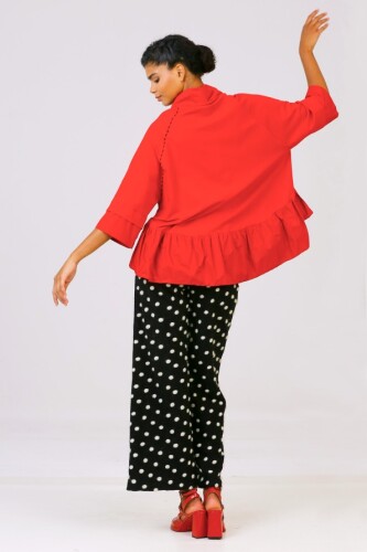 Polka Dot Pocket Blouse - Red - 2