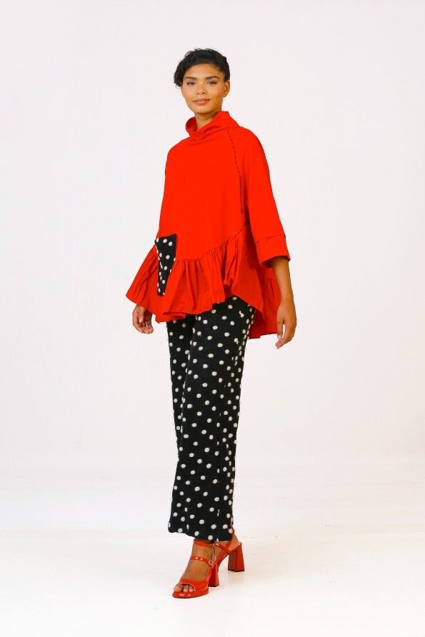 Polka Dot Pocket Blouse - Red - 4