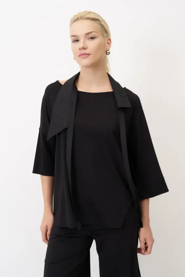 Poros Yakalı Bluz - Siyah - 1